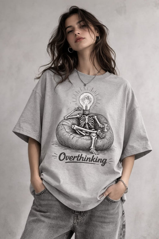 Oversized T-shirt Overthinking skeleton |Unisex T-Shirt| Lightbulb Head Aesthetic Tee