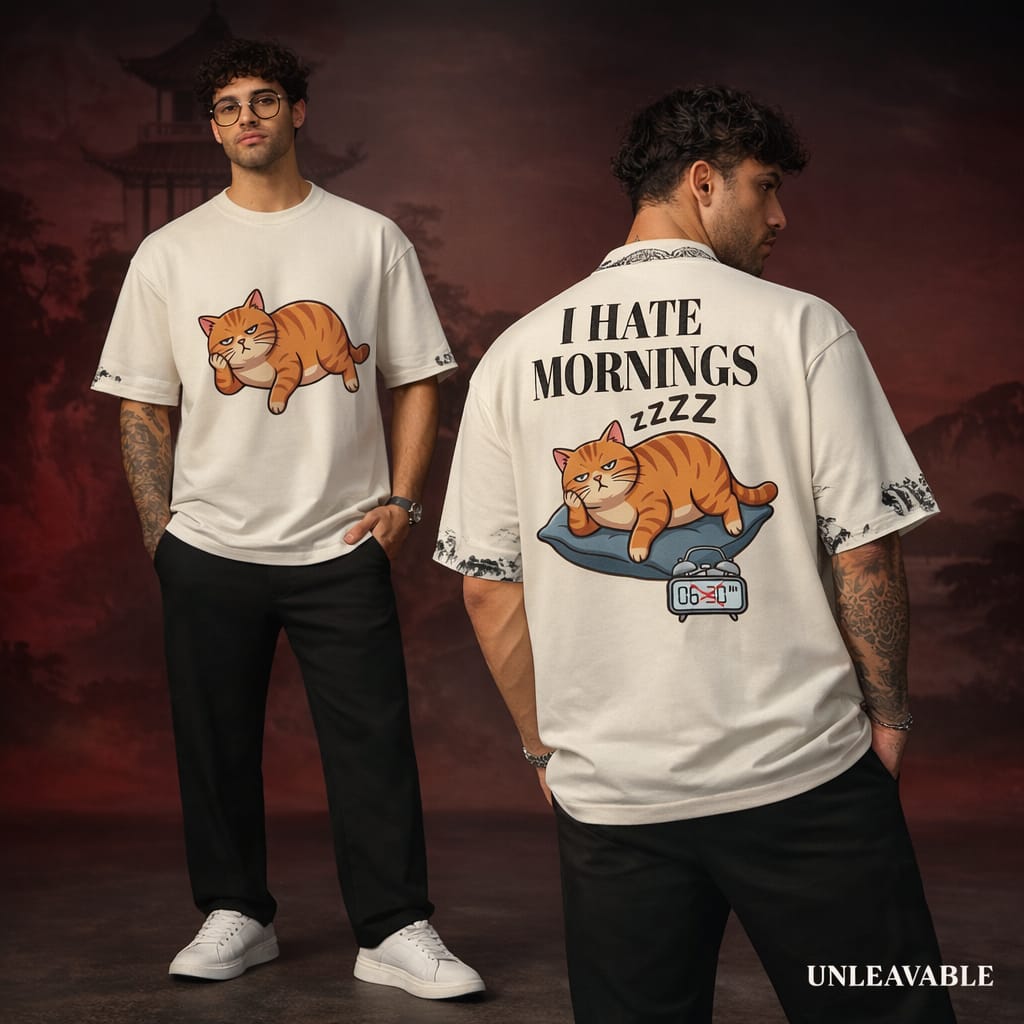 Unleavables I Hate Mornings Oversized Unisex Cat T-Shirt