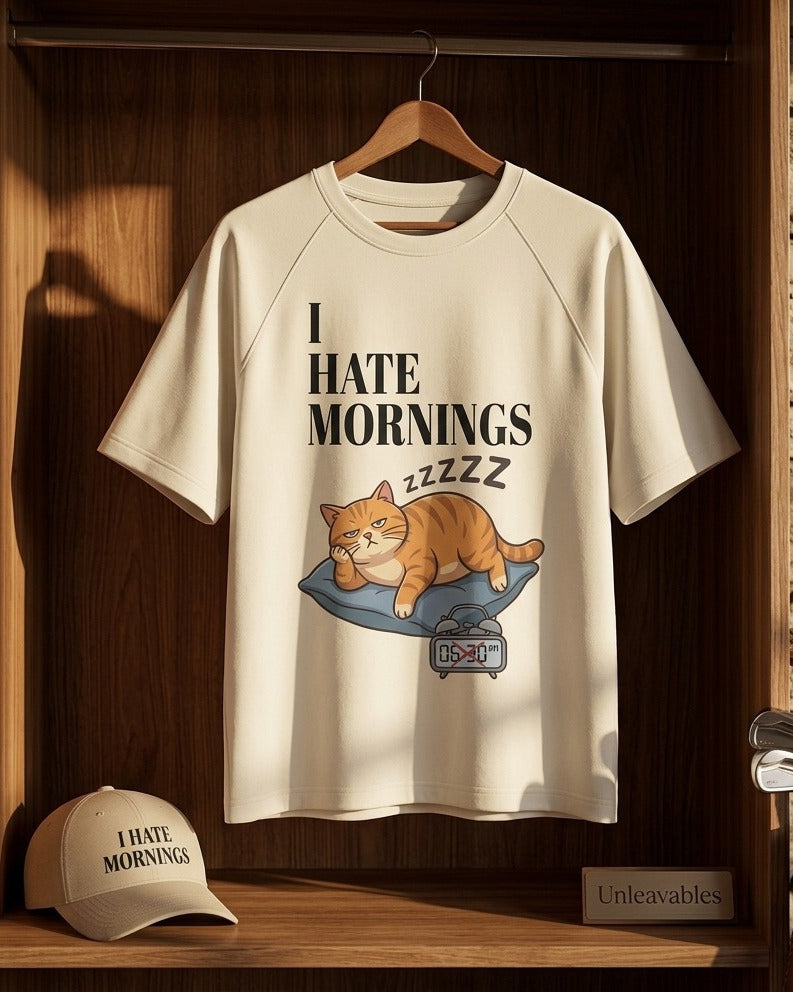 Unleavables I Hate Mornings Oversized Unisex Cat T-Shirt