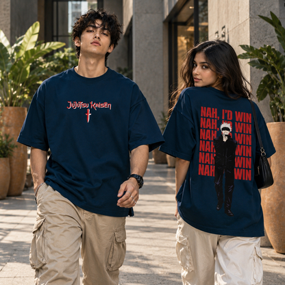 Gojo Satoru “Nah, I’d Win” Oversized T-Shirt – Jujutsu Kaisen Anime Streetwear | Unleavables
