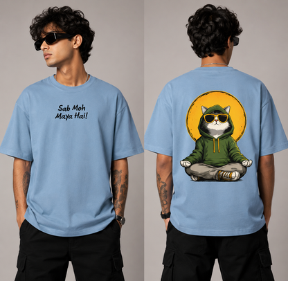 Sab Moh Maya Hai "Exclusive" Oversized T-Shirt for Men | Cool Meditating Cat Graphic Back Print