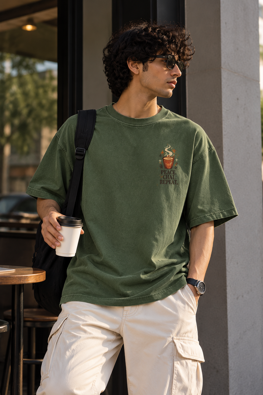 Peace. Chai. Repeat. — Forest Green Oversized Graphic T-Shirt