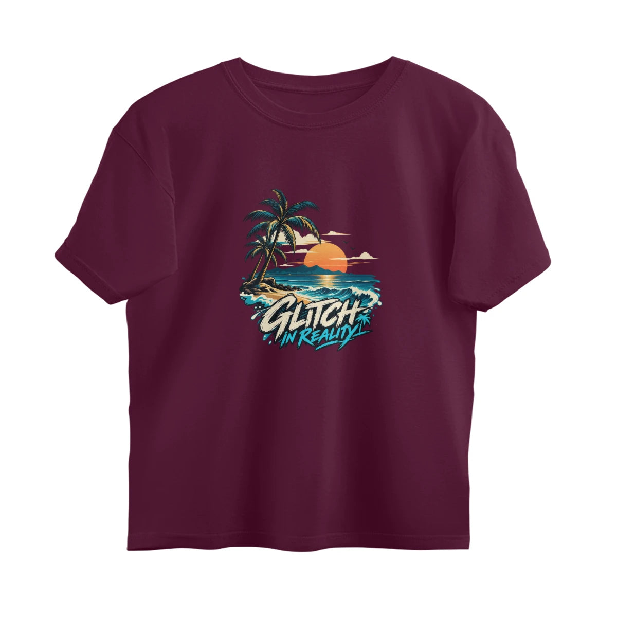 Tropical Escape - Oversized Black Graphic T-Shirt - Burgundy