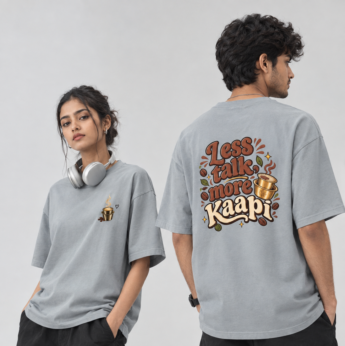 Less Talk More Kaapi Graphic Print T-Shirt | Oversized Fit | 100% Cotton | Unisex Casual Wear | Round Neck | Soft & Breathable Fabric