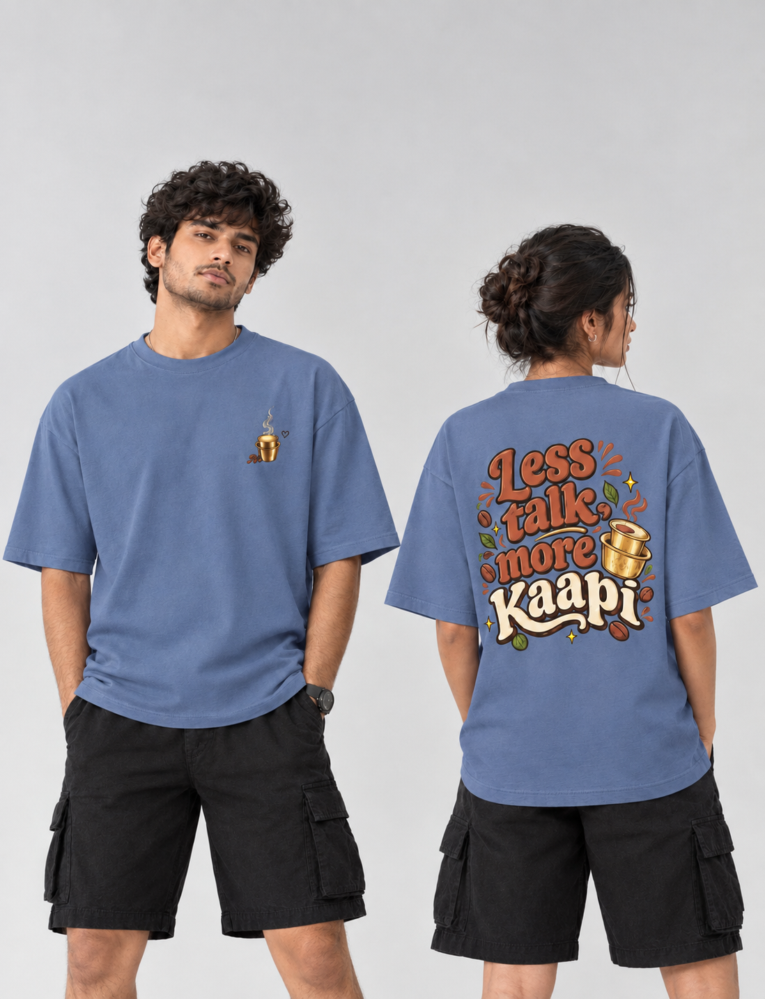 Less Talk More Kaapi Graphic Print T-Shirt | Oversized Fit | 100% Cotton | Unisex Casual Wear | Round Neck | Soft & Breathable Fabric