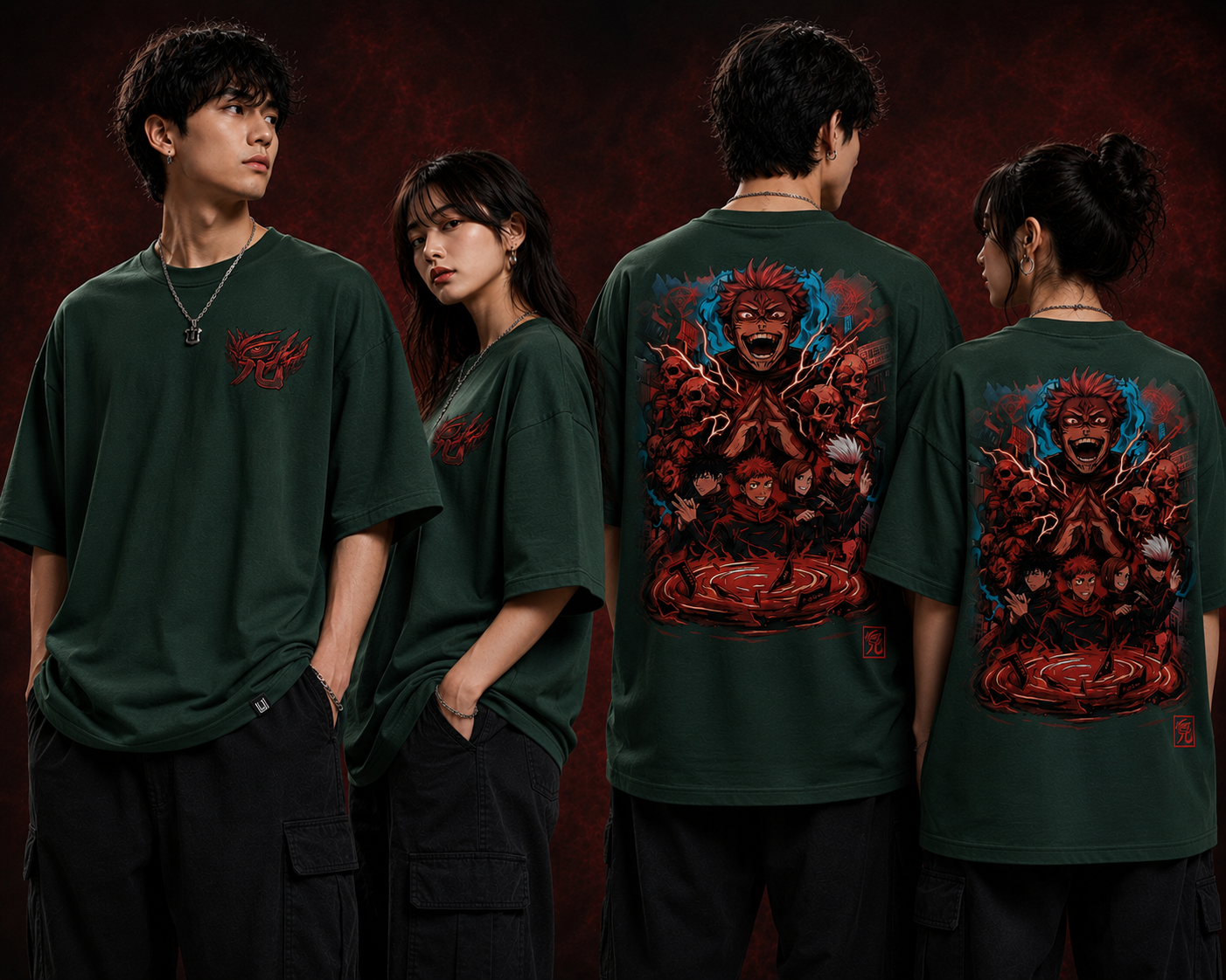 Anime Jujutsu Kaisen Oversized T-Shirt for Men & Women | 100% Cotton Graphic Tee | Front Logo & Back Character Print