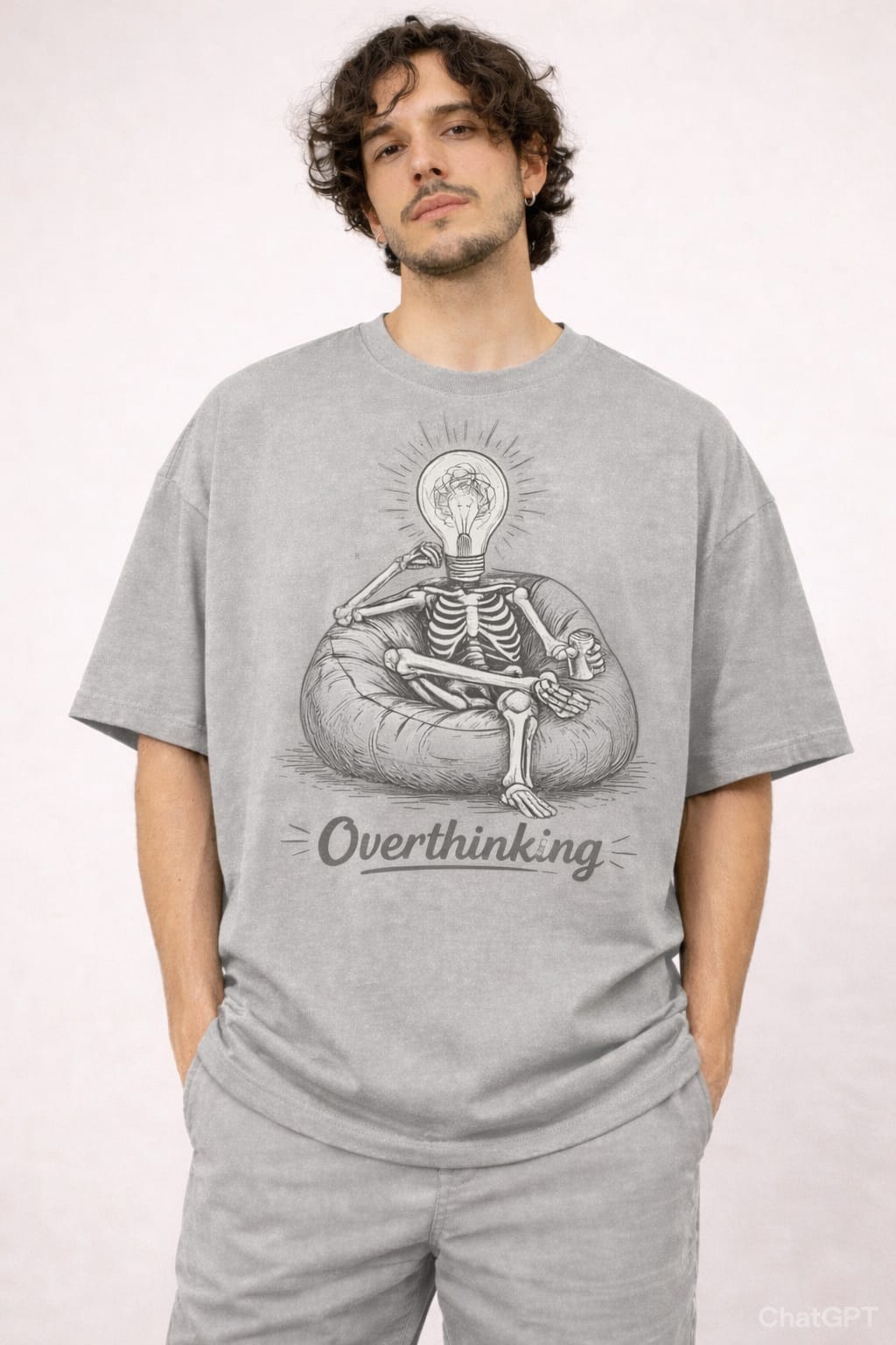 Oversized T-shirt Overthinking skeleton |Unisex T-Shirt| Lightbulb Head Aesthetic Tee
