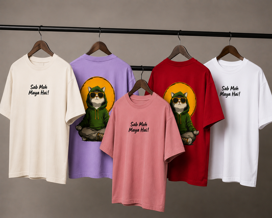 Sab Moh Maya Hai "Exclusive" Oversized T-Shirt for Men | Cool Meditating Cat Graphic Back Print