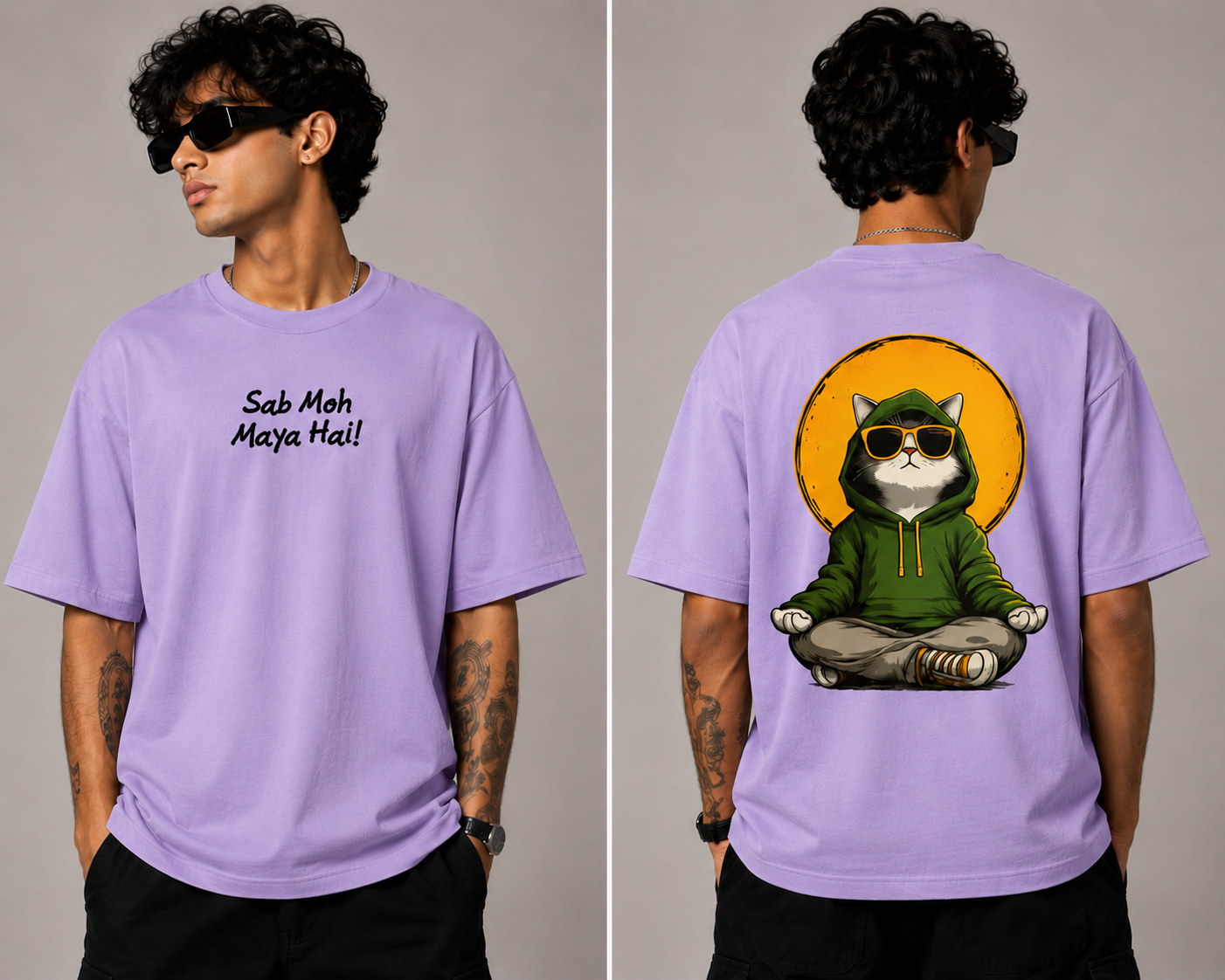 Sab Moh Maya Hai "Exclusive" Oversized T-Shirt for Men | Cool Meditating Cat Graphic Back Print