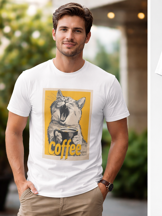 T shirt with Cat having coffee print