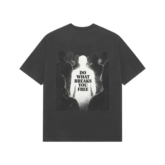 Oversized grey t-shirt with Do What Breaks You Free graphic on the back
