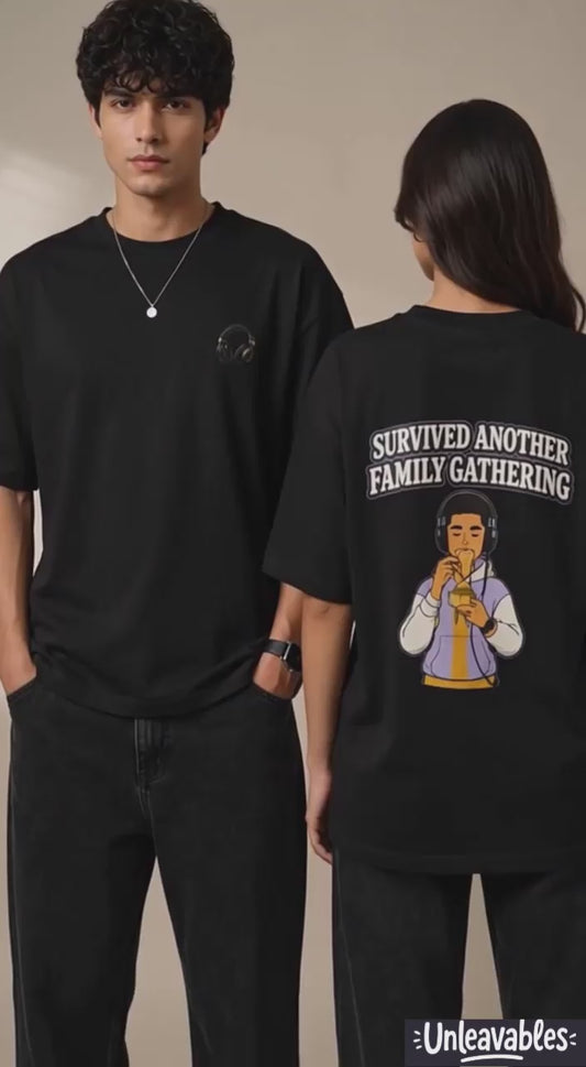 Oversized Graphic T-Shirt | Survived Family Gathering Print | Unisex Streetwear Tee