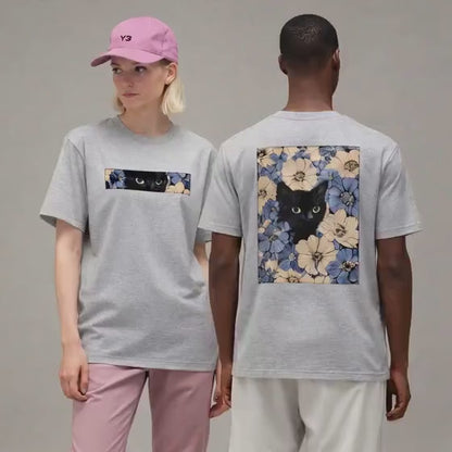 Oversized Black Cat Floral Graphic Printed Unisex T-shirt | 100% Cotton Casual Midnight Blossom Cat T-shirt