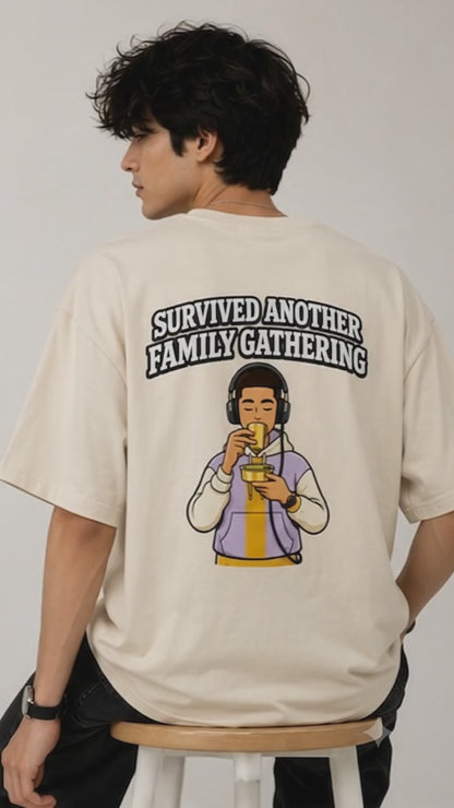 Oversized Graphic T-Shirt | Survived Family Gathering Print | Unisex Streetwear Tee