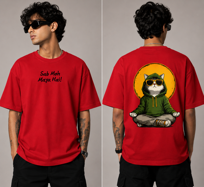 Sab Moh Maya Hai "Exclusive" Oversized T-Shirt for Men | Cool Meditating Cat Graphic Back Print