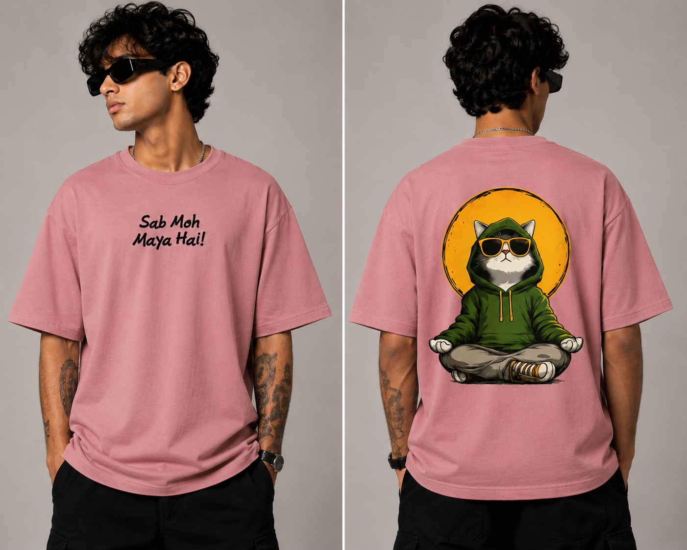 Sab Moh Maya Hai "Exclusive" Oversized T-Shirt for Men | Cool Meditating Cat Graphic Back Print