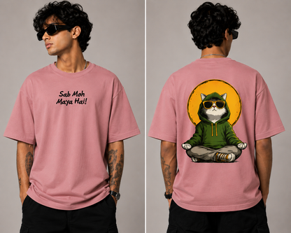 Sab Moh Maya Hai "Exclusive" Oversized T-Shirt for Men | Cool Meditating Cat Graphic Back Print