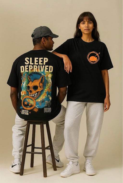 Sleep Deprived Streetwear Oversized Tee – Unisex 100% Cotton Black Graphic T-Shirt