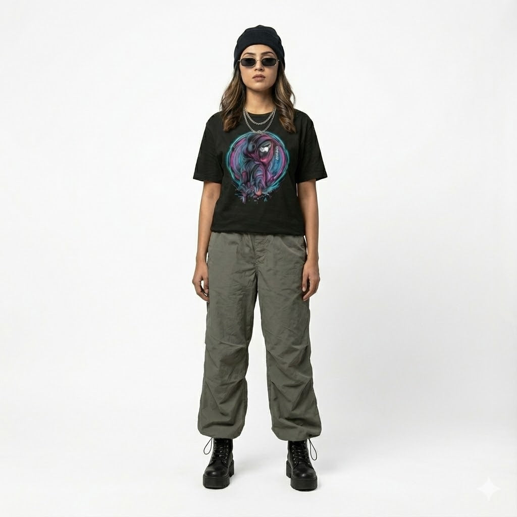 Unleavables Unisex Cotton Oversized T - Shirt Cyber Soul Anime Glitch Graphic - Black Streetwear Edition