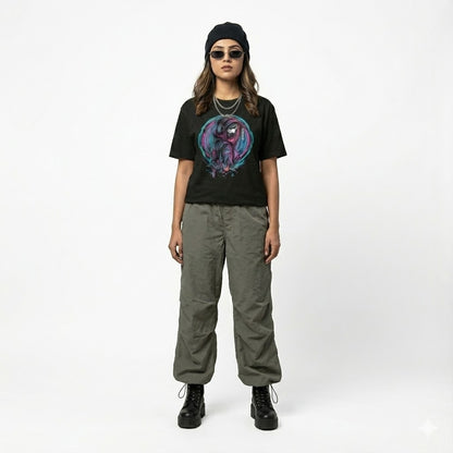 Unleavables Unisex Cotton Oversized T - Shirt Cyber Soul Anime Glitch Graphic - Black Streetwear Edition