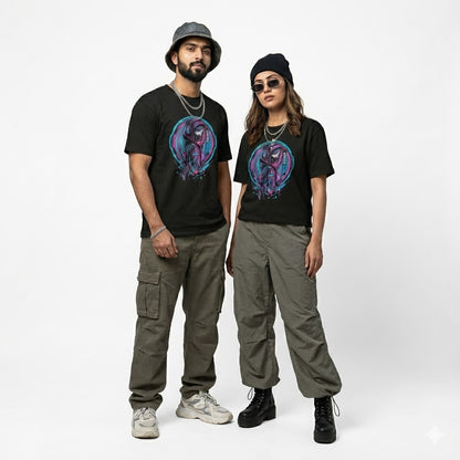 Unleavables Unisex Cotton Oversized T - Shirt Cyber Soul Anime Glitch Graphic - Black Streetwear Edition