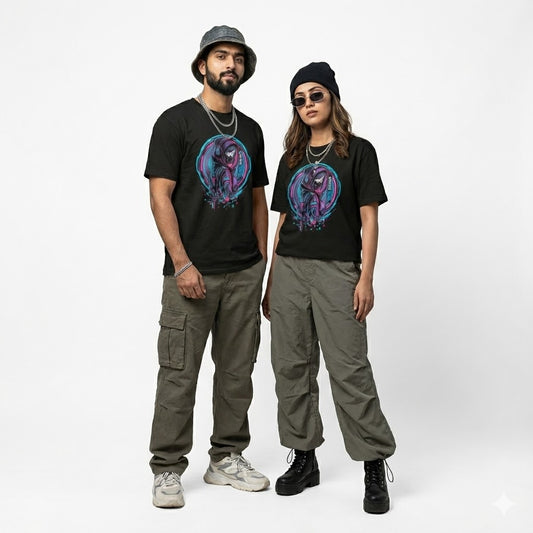 Unleavables Unisex Cotton Oversized T - Shirt Cyber Soul Anime Glitch Graphic - Black Streetwear Edition