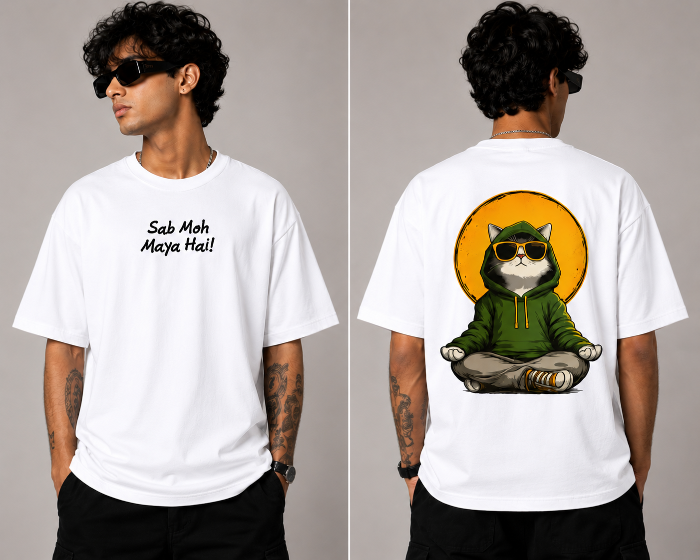 Sab Moh Maya Hai "Exclusive" Oversized T-Shirt for Men | Cool Meditating Cat Graphic Back Print
