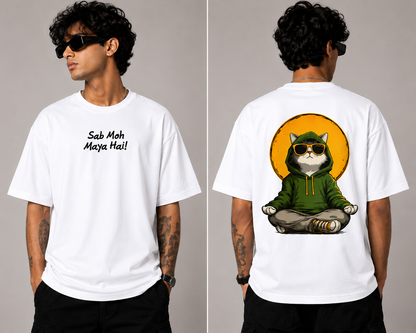 Sab Moh Maya Hai "Exclusive" Oversized T-Shirt for Men | Cool Meditating Cat Graphic Back Print